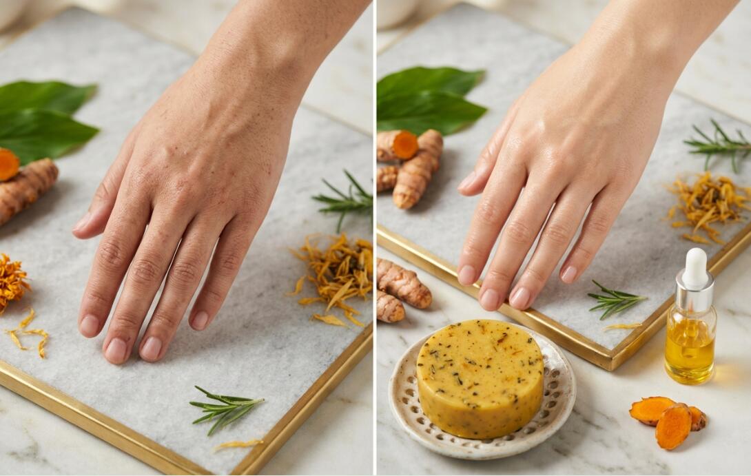 Comparison before and after using turmeric soap Comparison before and after using turmeric soap