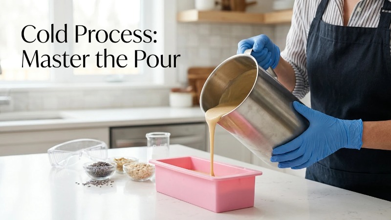 Gloved hands pouring soap batter into mold