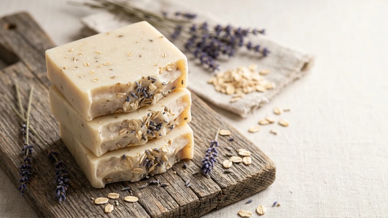 Stacked lavender-oatmeal soap bars on rustic wood