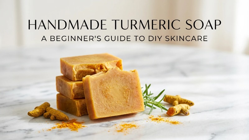 Stacked golden turmeric soap bars on marble