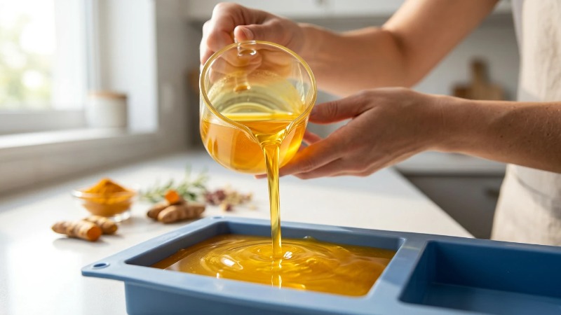 Pouring molten golden soap into silicone mold