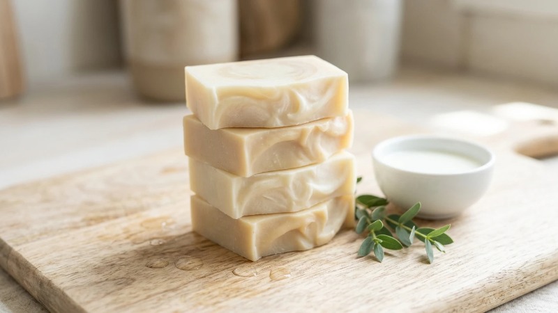 Stacked handmade goat milk soap bars on wood