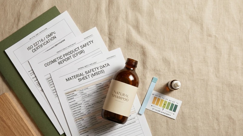 Cosmetic compliance documents beside amber shampoo bottle