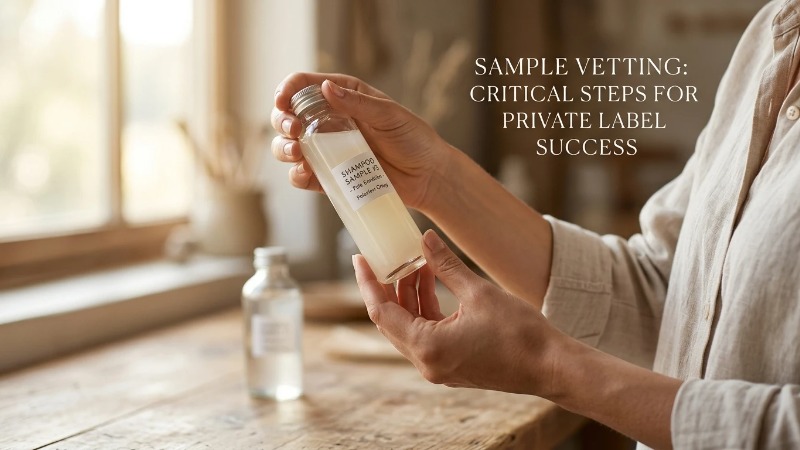 Hands inspecting glass vial of shampoo in light