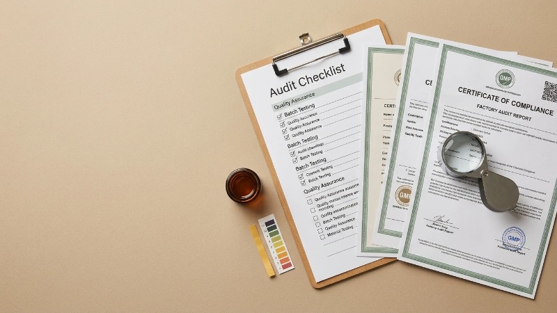 Audit checklist, certification documents and loupe on desk Audit checklist, certification documents and loupe on desk