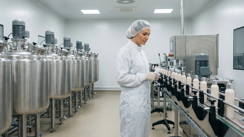 Technician checking batch in cosmetics factory cleanroom Technician checking batch in cosmetics factory cleanroom