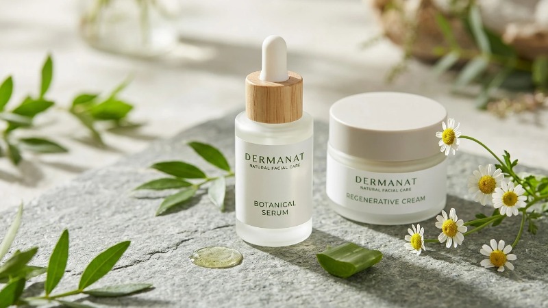 Natural facial serum bottle and cream jar on stone with botanicals