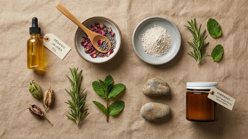 Overhead flat lay of raw skincare ingredients on linen