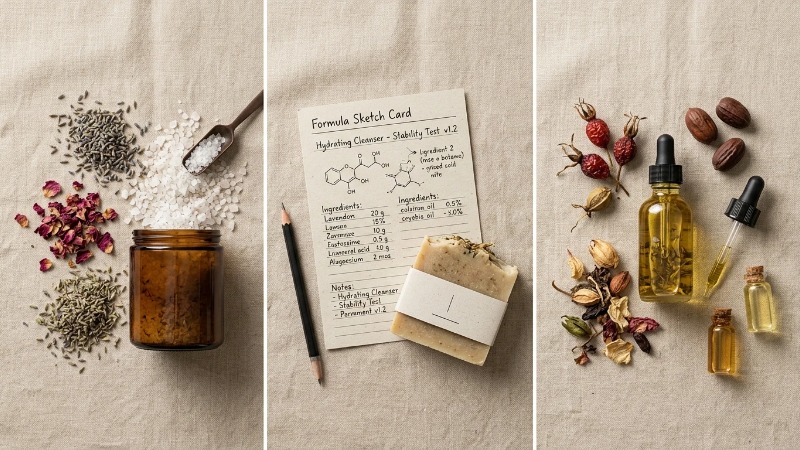 Overhead flat-lay of natural skincare ingredients on linen