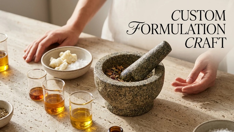 Mortar and pestle with botanical oils on stone counter