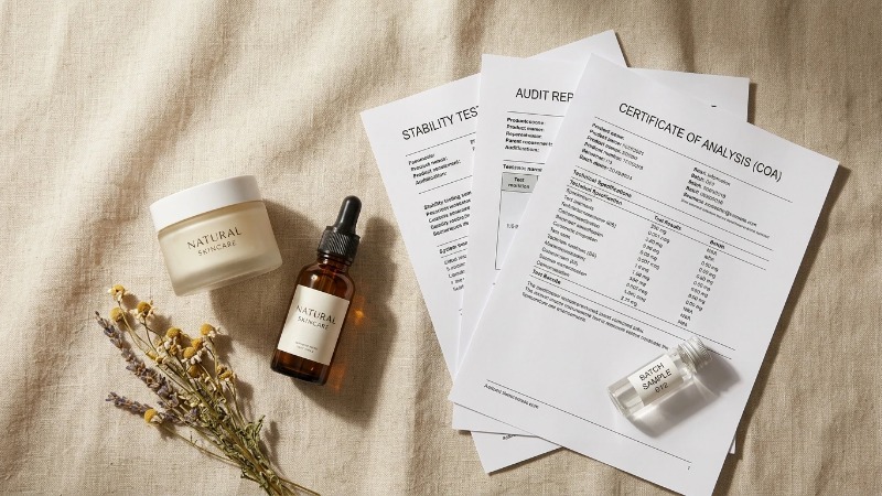 Skincare jar and amber bottle beside certification documents