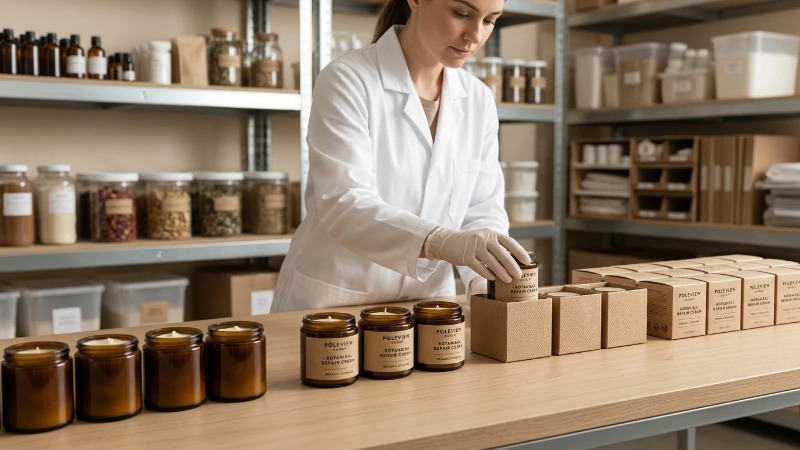 Natural skincare products arranged from unlabeled jars to boxed units Natural skincare products arranged from unlabeled jars to boxed units