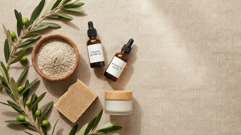 Natural skincare ingredients flat lay on linen