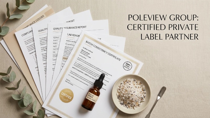 Certification documents flat-lay with amber sample vial
