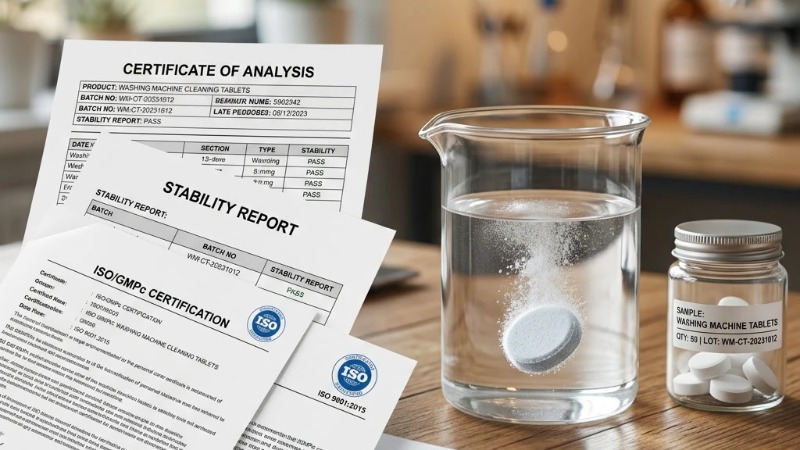 Dissolving tablet in beaker beside quality-control documents