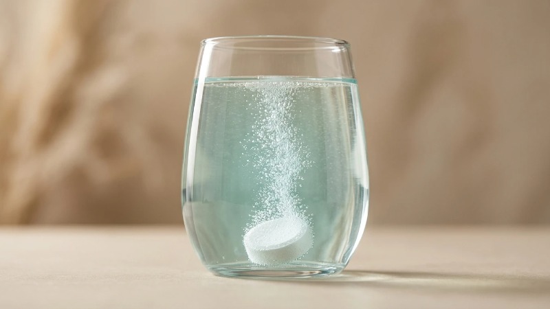 Cleaner tablet dissolving in glass of water Cleaner tablet dissolving in glass of water