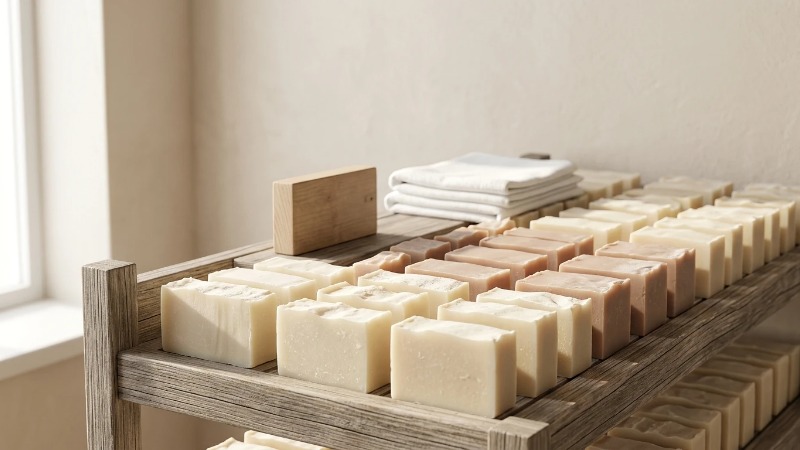 rows-of-curing-laundry-soap-bars-on-wooden-rack-3 rows-of-curing-laundry-soap-bars-on-wooden-rack-3