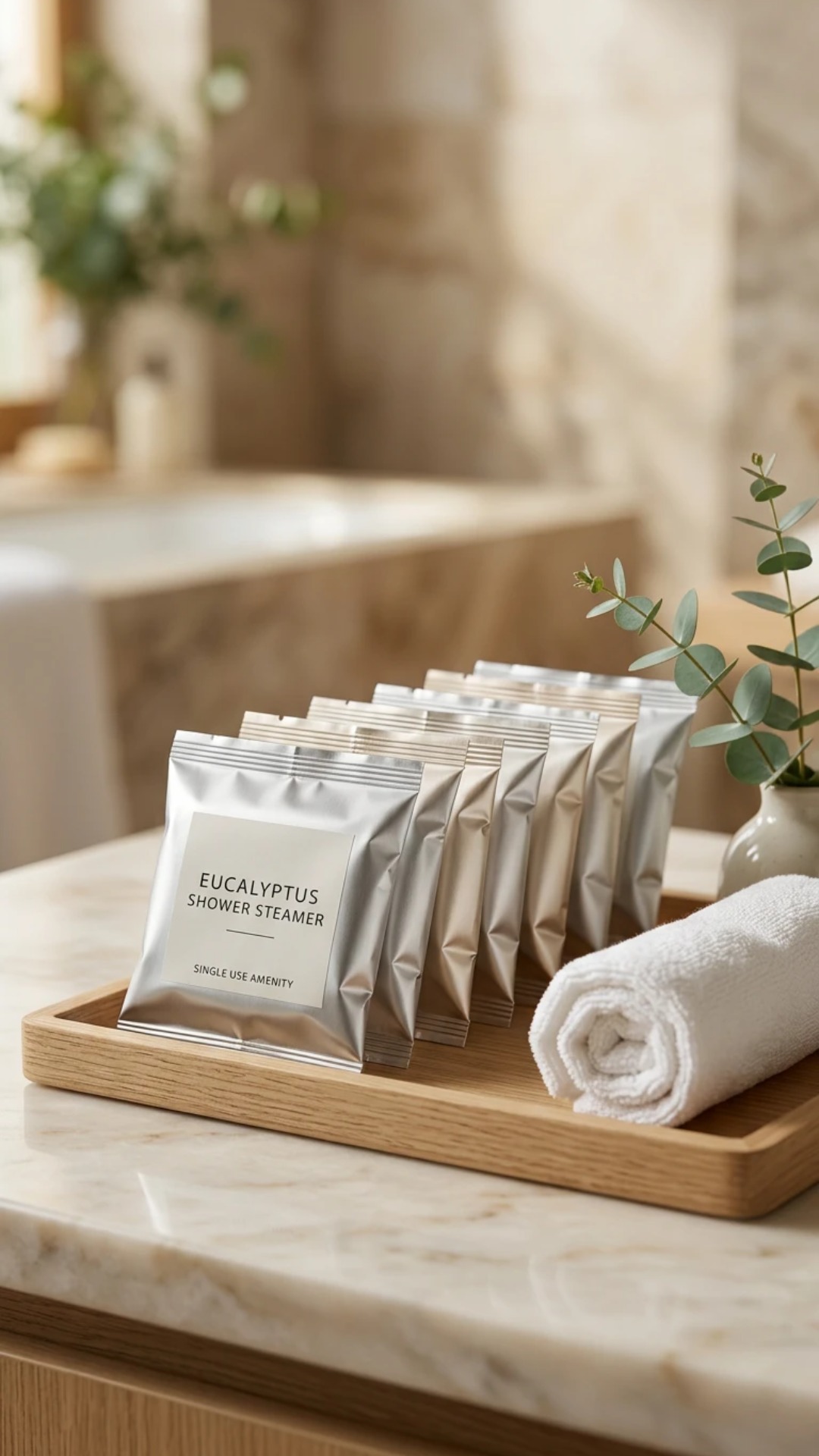 foil-wrapped-shower-steamer-tablets-on-oak-amenity-tray-3 foil-wrapped-shower-steamer-tablets-on-oak-amenity-tray-3