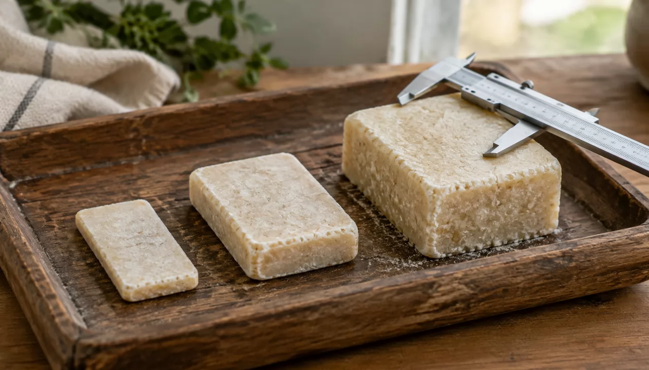 product-1280-731 Three sizes of pressed shampoo bars on a wooden tray with a stainless caliper