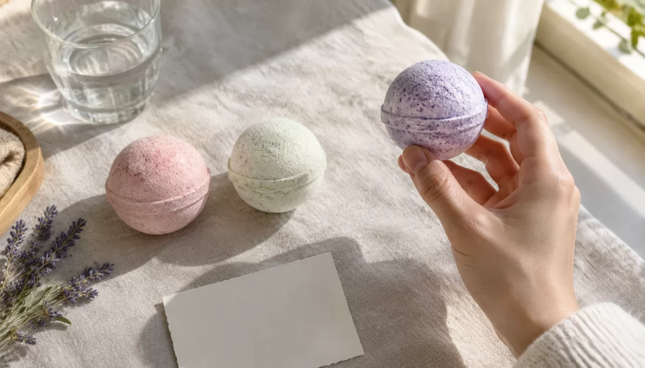 product-1280-731 Three sample bath bombs compared side by side under window light