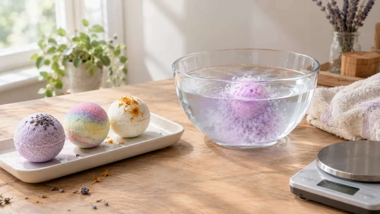 product-1280-720 Drei Badekugeln beim Fizz-Test in einer Glasschale mit Wasser auf einer Werkbank