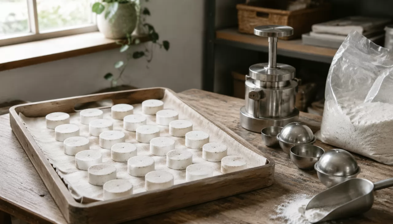product-1280-731 Pressed tablets on a linen tray beside a tablet mold and powder scoop