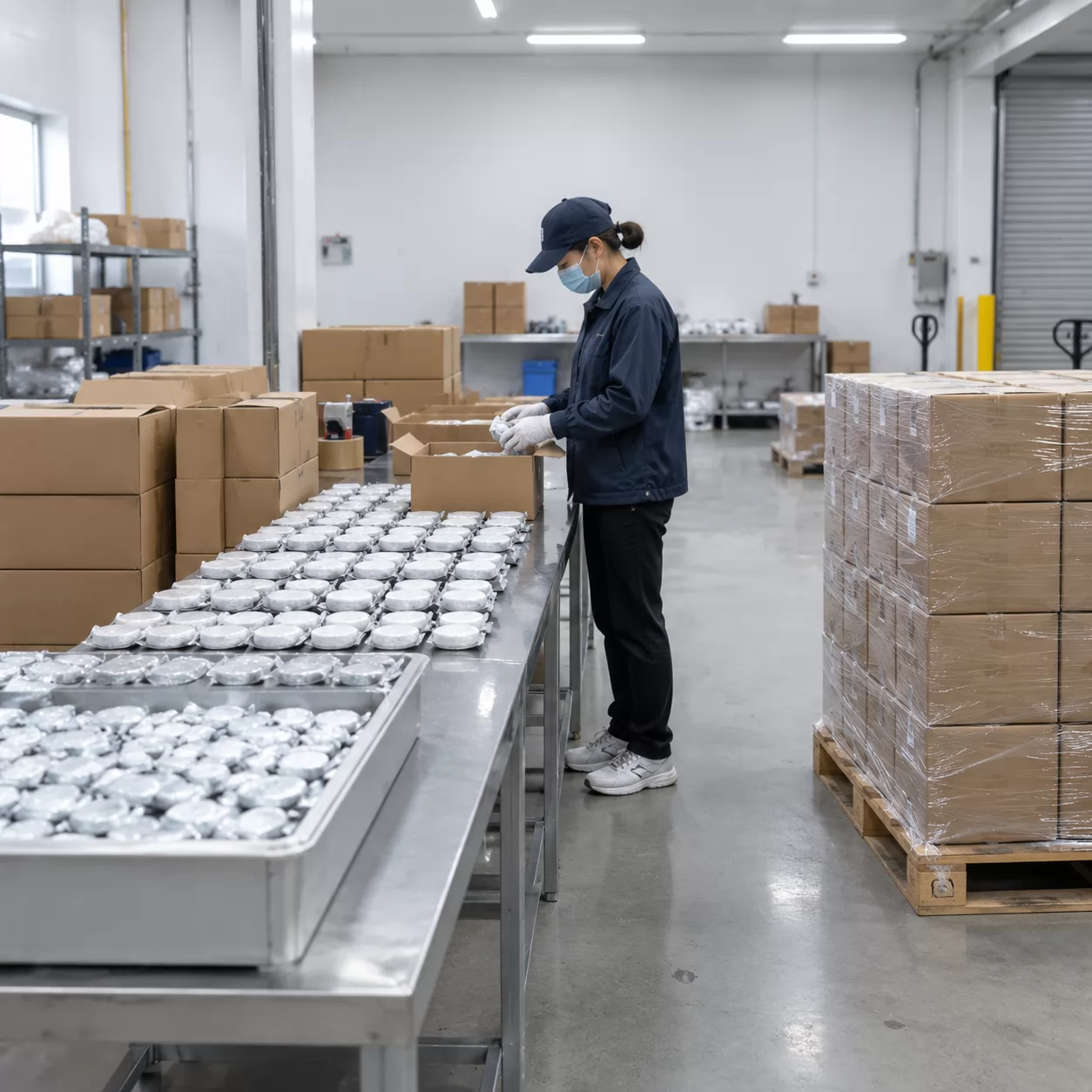 product-600-600 Shower tablets being counted into plain cartons and palletised in a clean packing bay