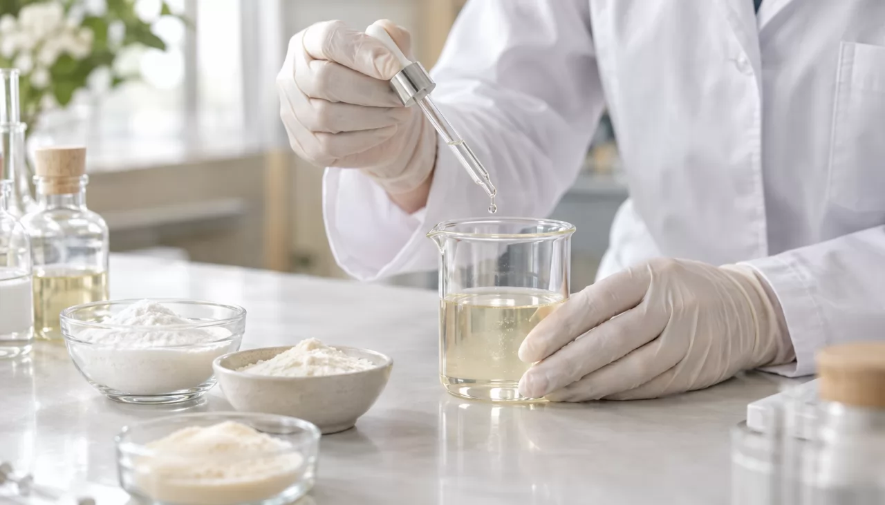 Hände mit Pipette über einem Becherglas mit heller Wirkstofflösung