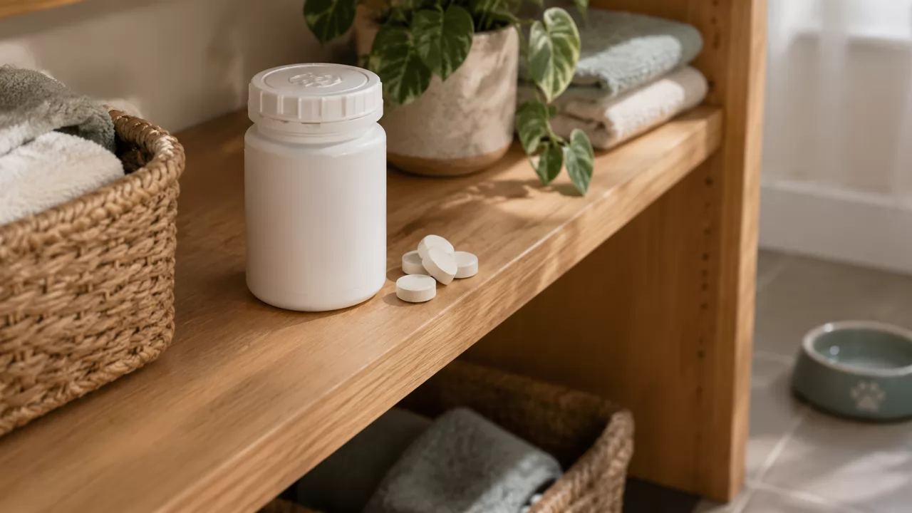 product-1280-720 Kindersichere Dose mit Tabletten auf einem hohen Schrankregal, Haustiernapf darunter