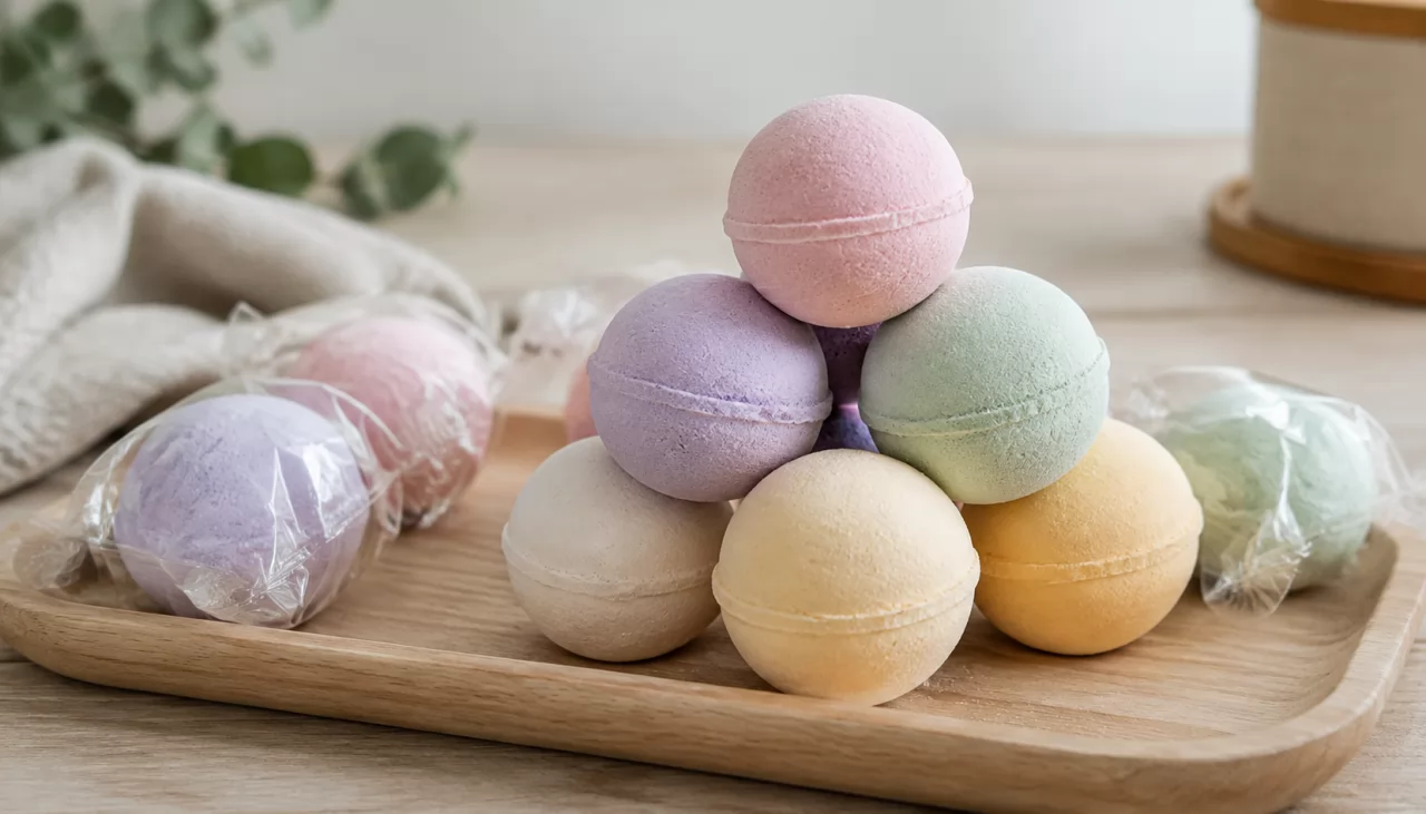 product-1280-731 Schlichte runde Badekugeln, teils einzeln in Folie verpackt, auf Holztablett