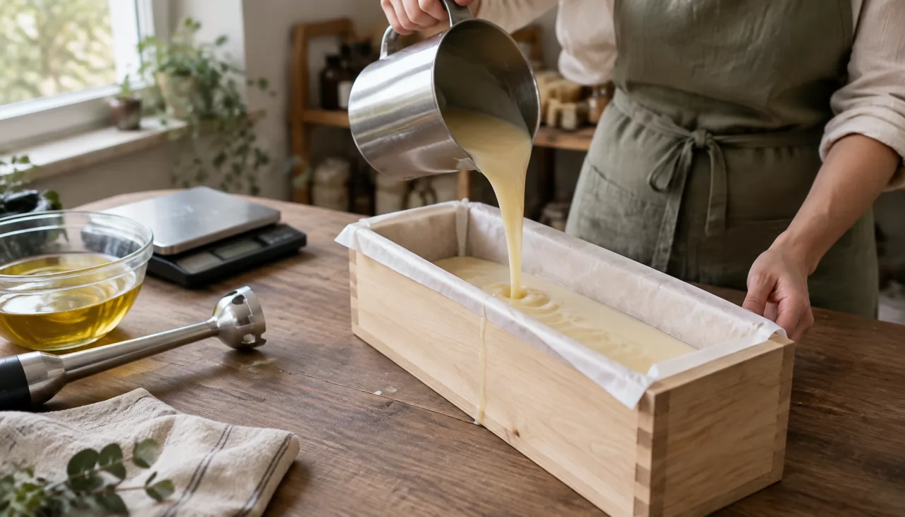 product-1280-731 Seifenmasse wird in eine Holzform für kalt gerührte Seife gegossen