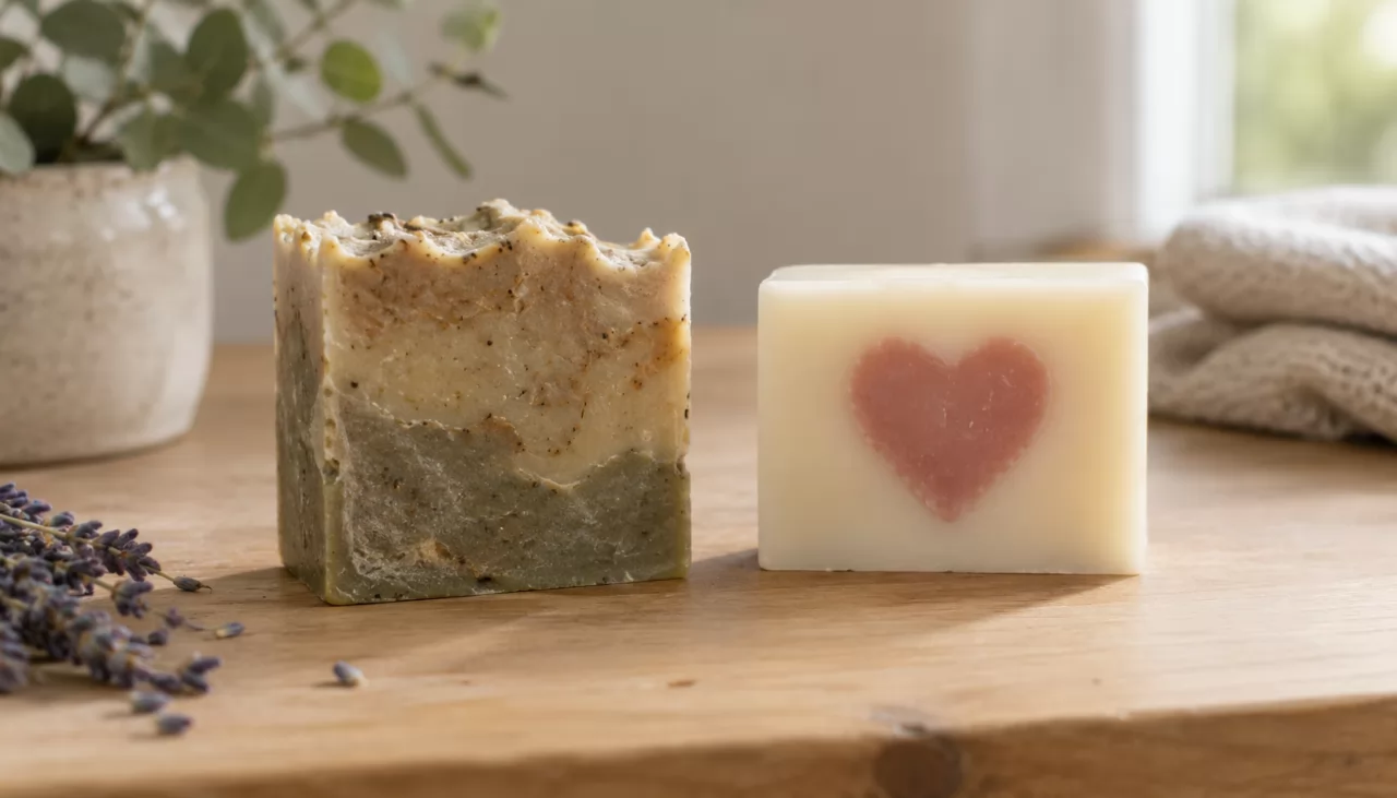 product-1280-731 Rustic cold process soap bar beside a smooth melt-and-pour bar with heart detail