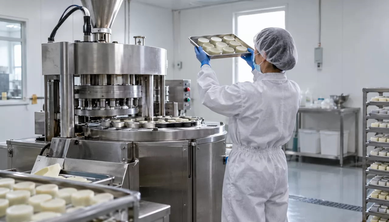 product-1280-731 Operator in gown and gloves checking freshly pressed shampoo bars at a stainless press