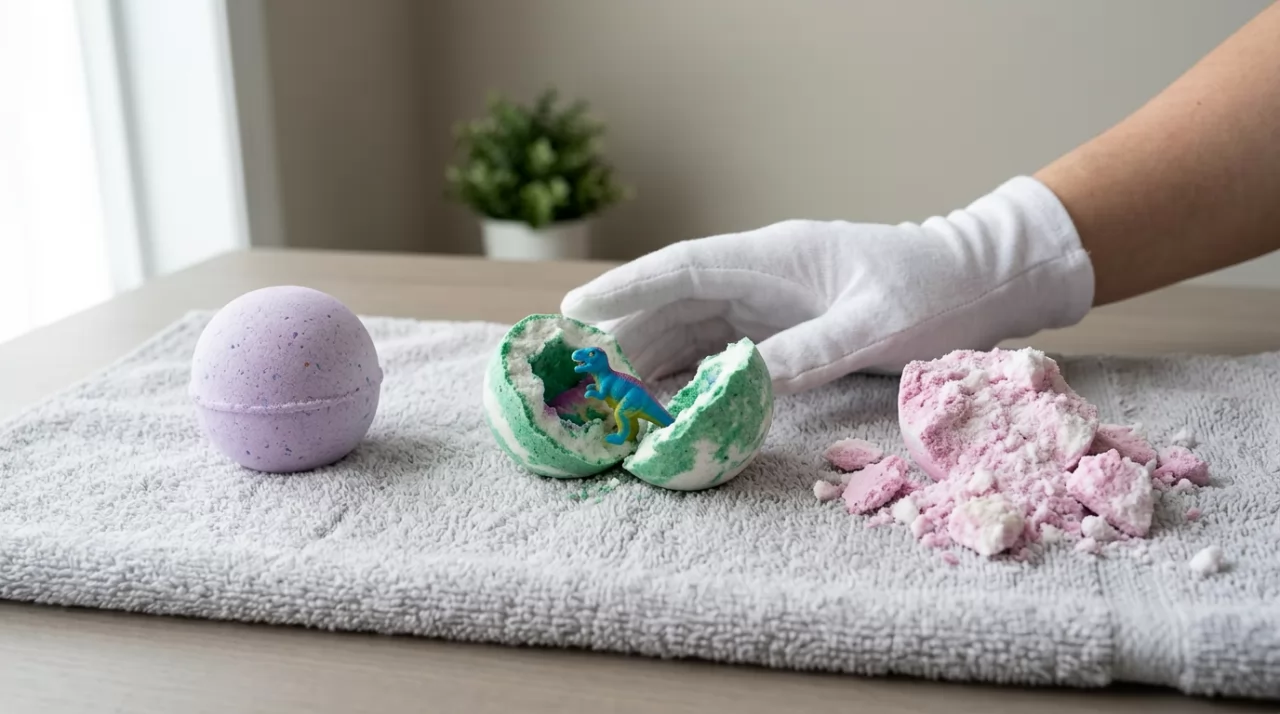product-1280-714 Intact, cracked and crumbling bath bombs on a towel, one showing a toy inside