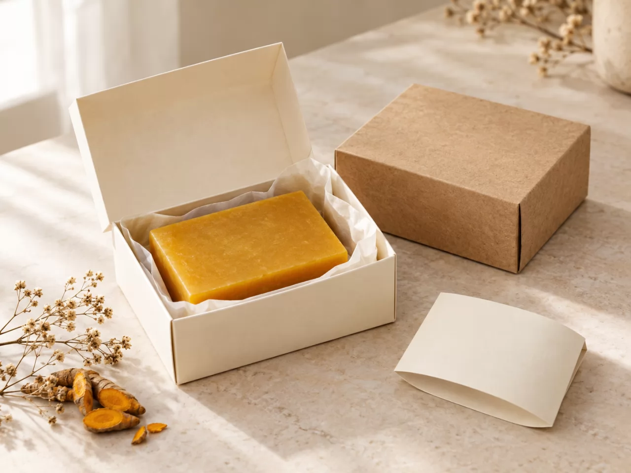 product-800-600 Blank cream and kraft soap boxes with a golden kojic acid soap bar ready for custom branding
