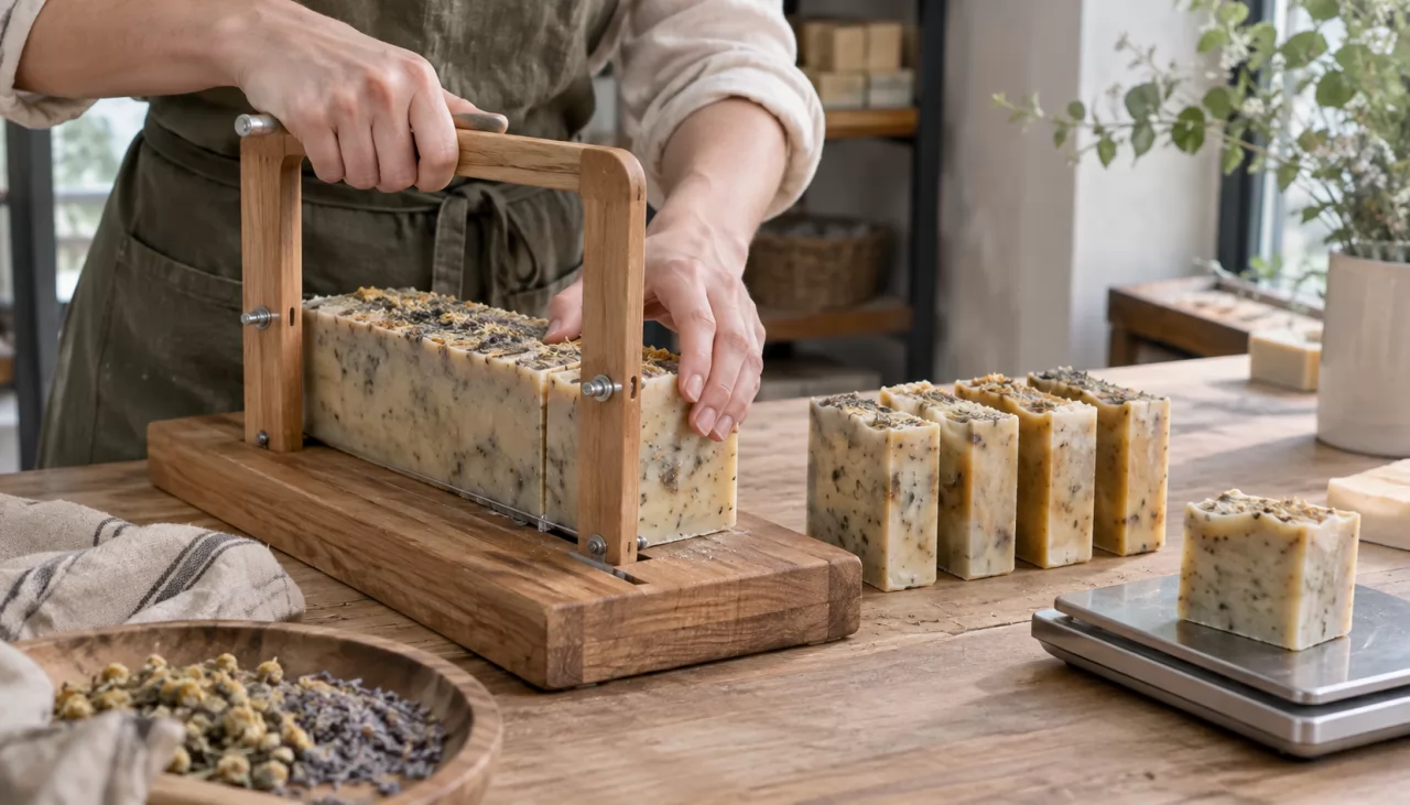 product-1280-731 Hands cutting a soap loaf into bars, with one bar weighed on a small scale