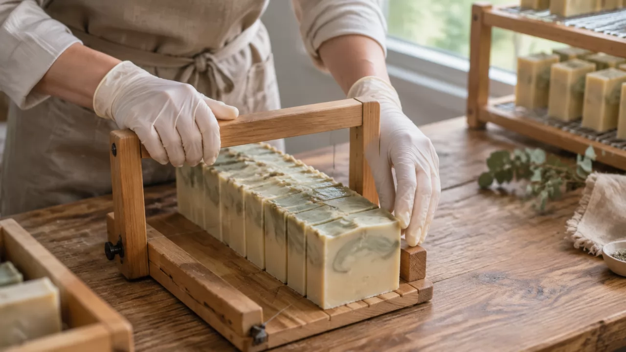 product-1280-720 Cutting a loaf of cold process soap into bars on a wooden table