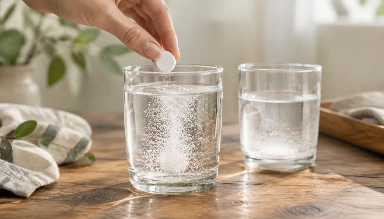 product-1280-731 Hand dropping a tablet into a glass of water as bubbles rise