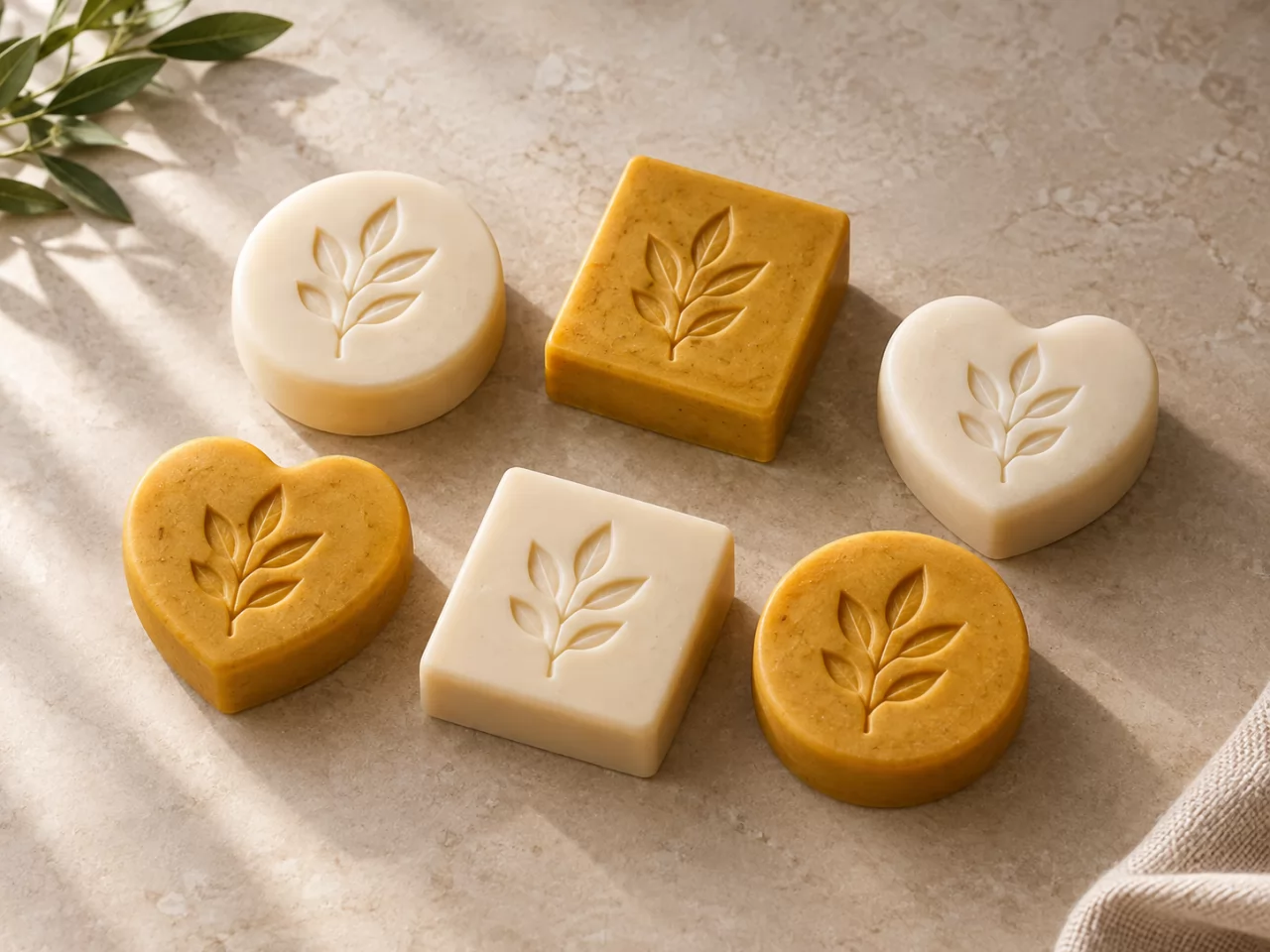 product-800-600 Round, square and heart-shaped soap bars with matching embossed leaf emblems on beige stone