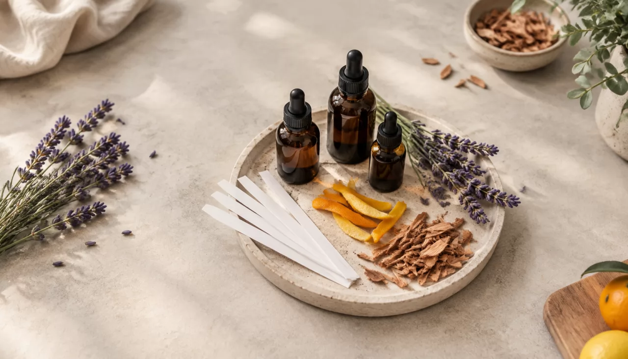 product-1280-731 Ätherische Öle in Braunglasflaschen mit Lavendel, Zitrusschalen und Duftstreifen auf einer Arbeitsfläche