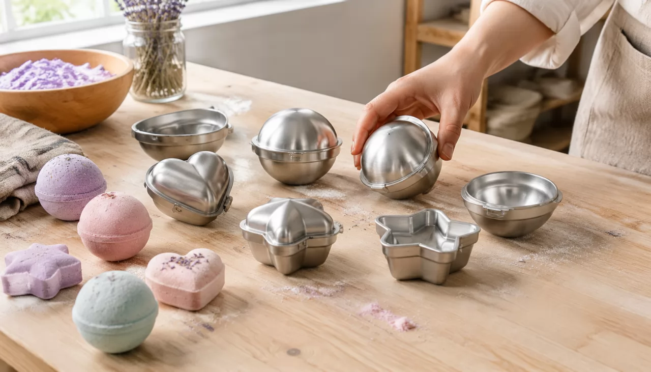 product-1280-731 Bath bomb moulds in several shapes on a bench with pressed samples