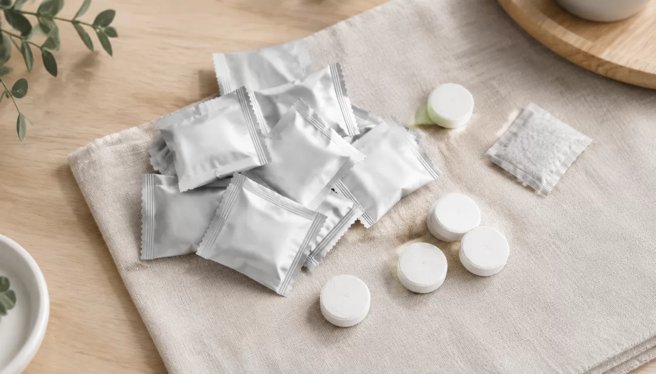 product-1280-731 Einzeln in Folie verpackte Reinigungstabletten auf hellem Leinentuch