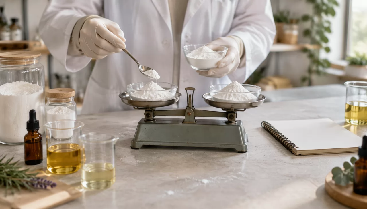product-1280-731 Hands weigh bath bomb powders on a scale next to beakers of essential oil