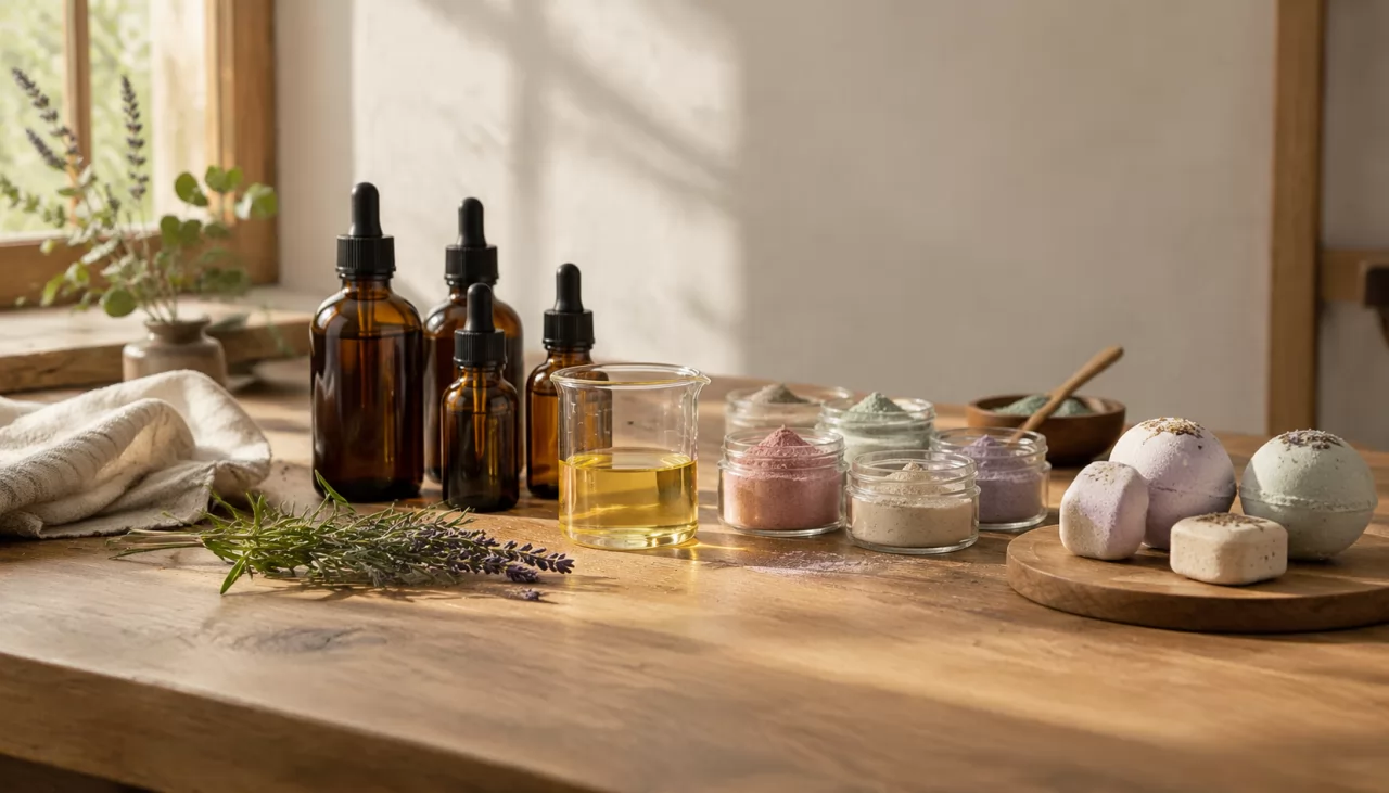 product-1280-731 Amber dropper bottles, pigment powders and test bath bomb samples on a blending bench