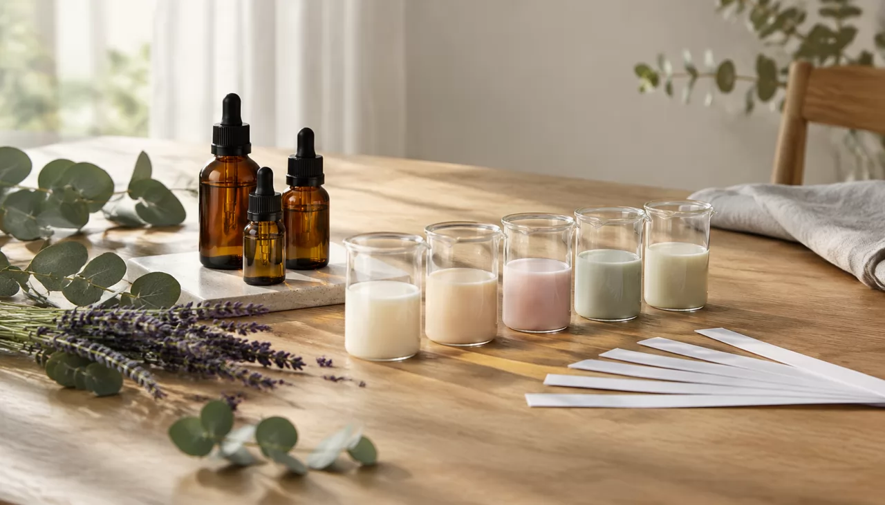 product-1280-731 Essential oil bottles and tinted lotion samples lined up for scent and color matching