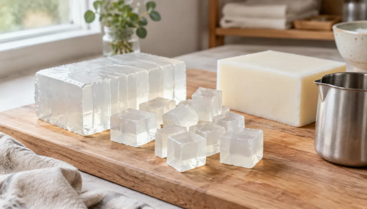 product-1280-731 Transparente Glycerinseifenwürfel und ein heller Ziegenmilch-Seifenblock auf einem Holzbrett