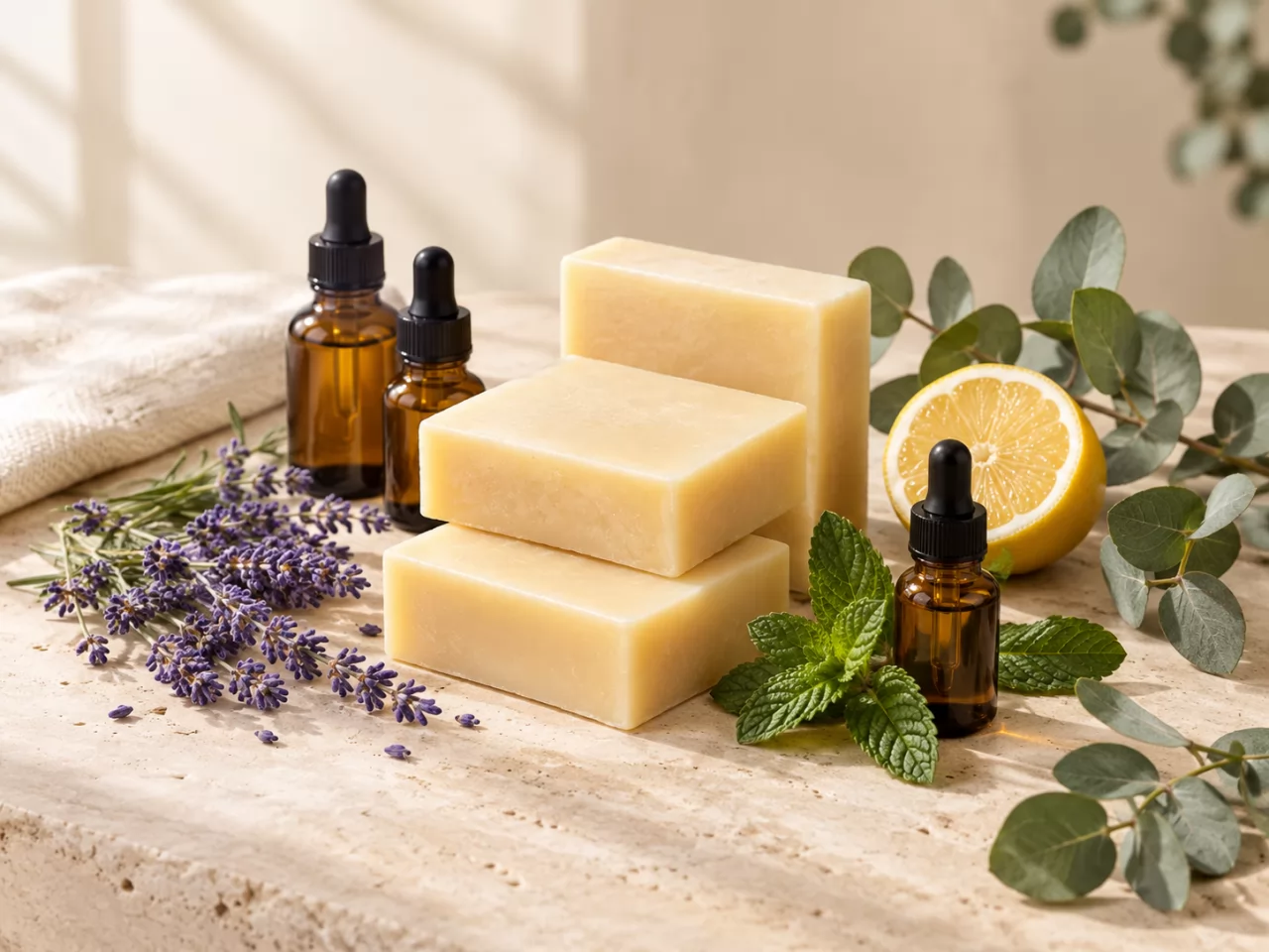 product-800-600 Kojic acid soap bars beside essential oil bottles, lavender, lemon, peppermint and eucalyptus