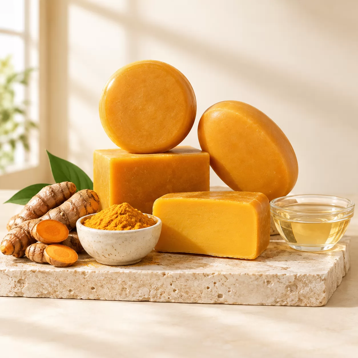 product-600-600 Golden kojic acid and turmeric soap bars in round, oval and rectangular shapes beside fresh turmeric root