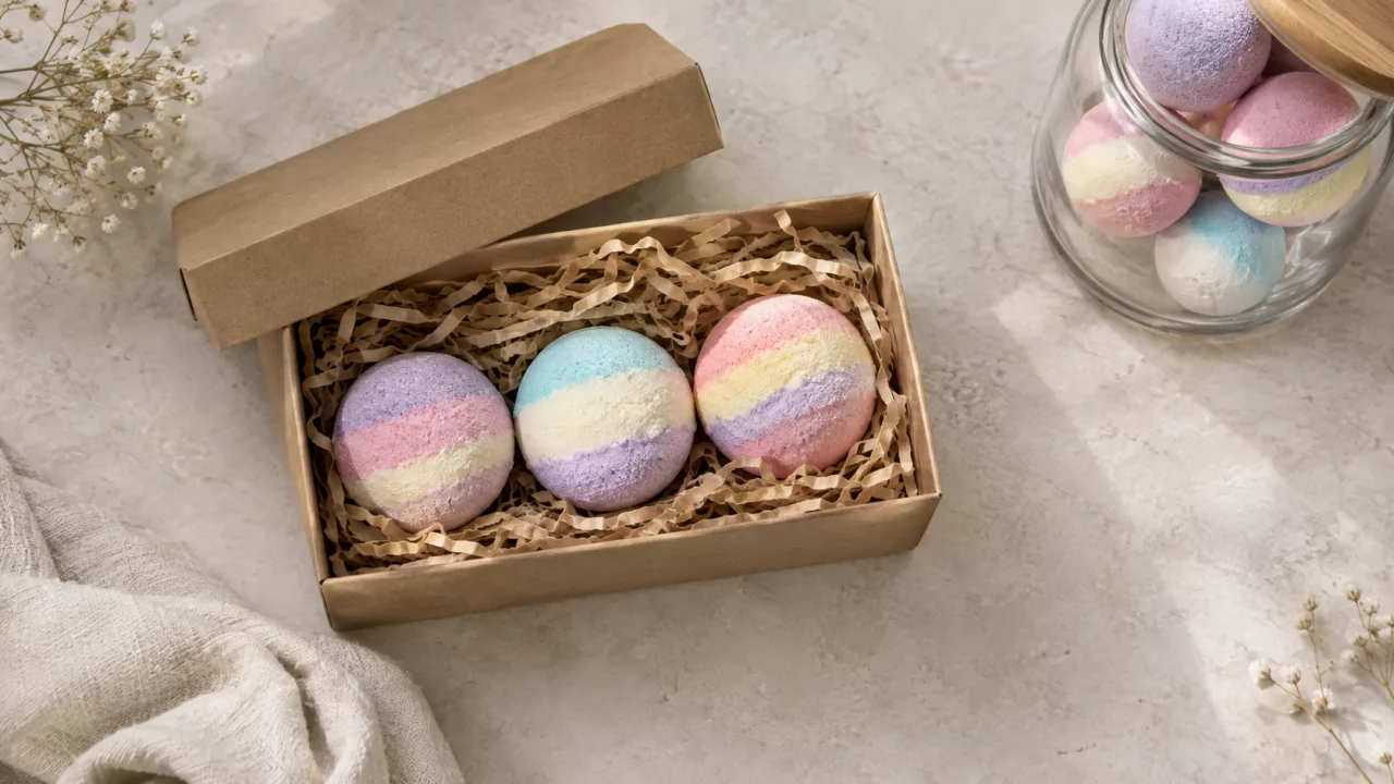 product-1280-720 Geschenkbox mit drei mehrfarbigen Badekugeln neben einem Glas mit weiteren Kugeln