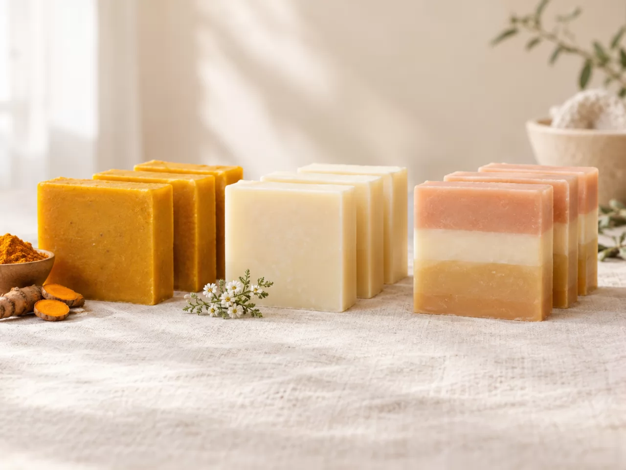 product-800-600 Side view of golden turmeric, ivory and layered multi-colour soap bars in a neat row